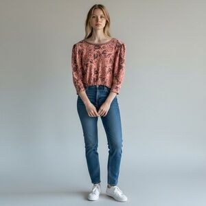 Free People Pink Patterned Sweater with Blue Jeans